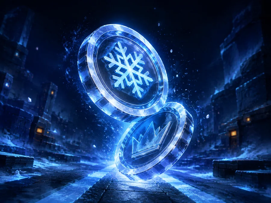 Two icy coins flipping in midair