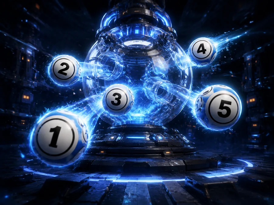Numbered balls flying from a futuristic draw machine
