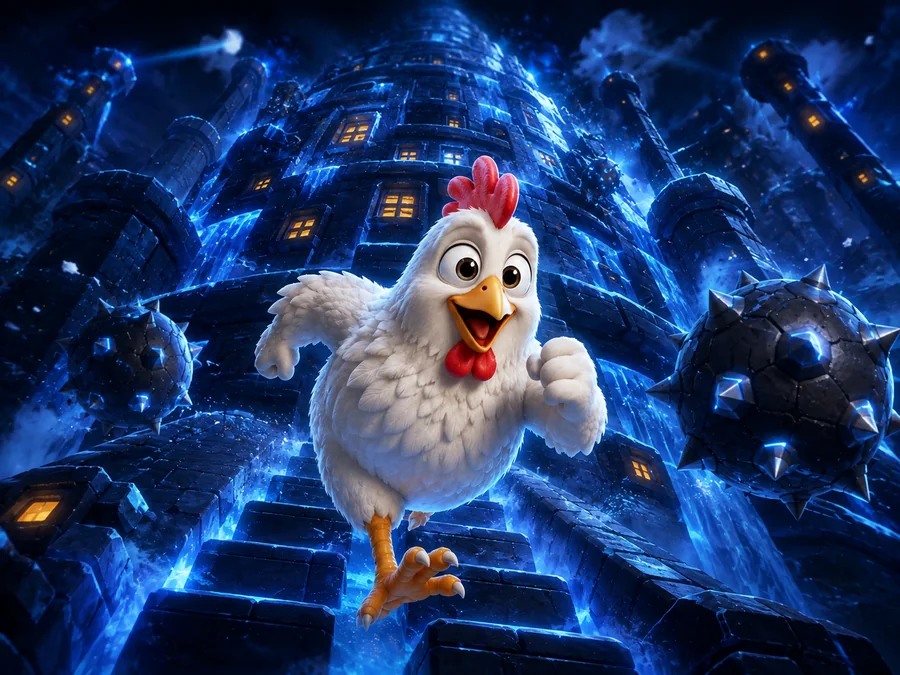 Chicken ascending a colossal frozen tower